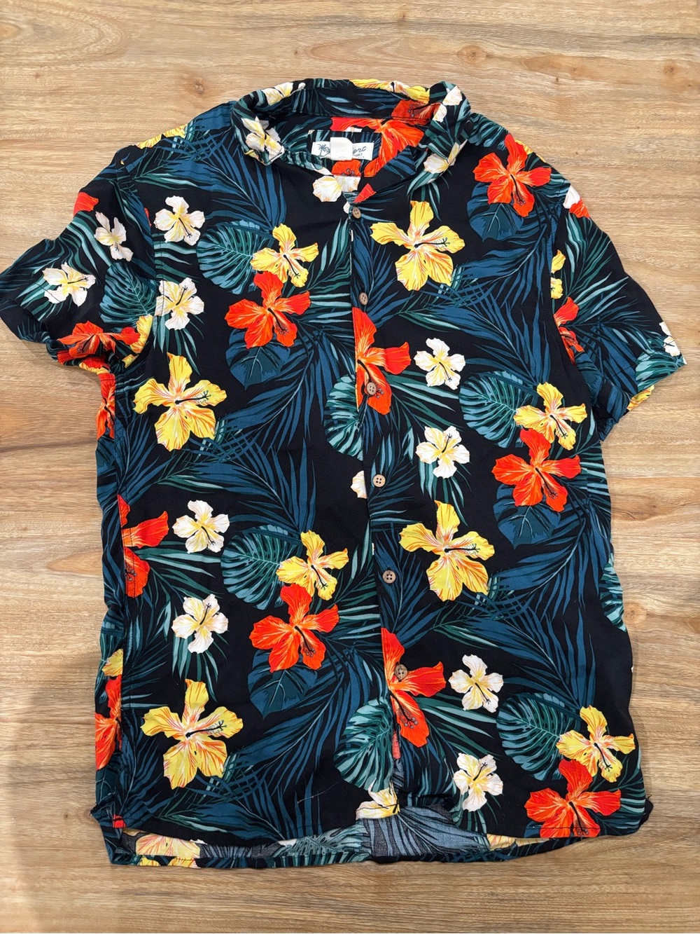 Aeropostale Black Short-Sleeve Button Shirt with Red & Yellow Floral Print